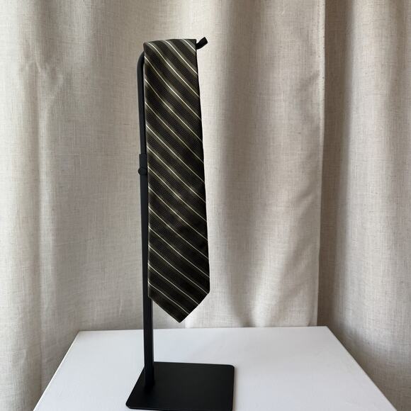 Ike Behar New York Silk Cotton Striped Tie Olive Brown Ribbed Necktie - Picture 6 of 10